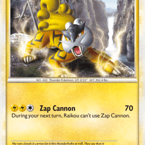 Raikou Basic Pokémon card featuring a yellow electric tiger in a rocky scene; attack Zap Cannon for 70 damage with the note: During your next turn, Raikou can't use Zap Cannon.