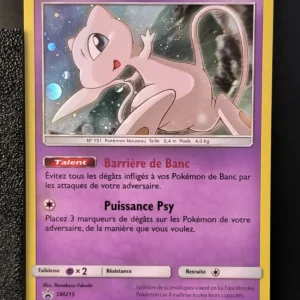 Front of a French Base Mew Pokemon card: purple border, Mew illustration in space, HP 60, with Talent Barrière de Banc and Psy Power text.