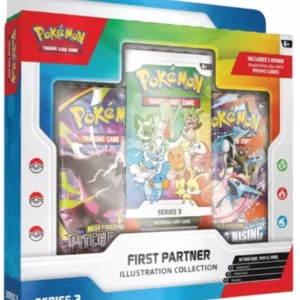 Pokémon Trading Card Game First Partner Illustration Collection, Series 3 box with three packs visible through the window.