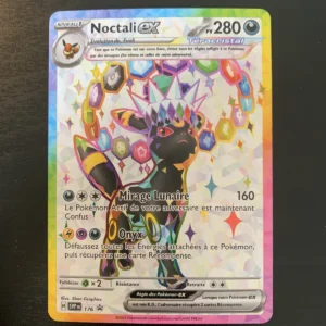 French Noctali EX Pokémon card featuring an Umbreon-like creature with 280 HP on a rainbow holographic background, titled 'Mirage Lunaire'.