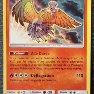 Pokemon card: Ho-Oh Brillant, HP 130, Fire type; illustration of a golden phoenix in flight; moves Aile Dorée and Déflagration.
