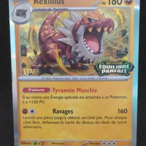 Rexillius Pokémon card with 180 HP, dragon artwork, and the attack Ravages 160 from Mega Evolution Équilibre Parfait.