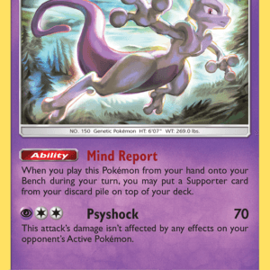 Mewtwo basic Pokémon card with purple border; shows Mewtwo leaping over a forest, HP 120; Mind Report ability and Psyshock 70; weakness Psychic x2.