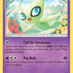 Pokemon card: Celebi with 70 HP on a purple frame; two moves, Call for Greatness and Psy Bolt.