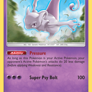 Mewtwo basic Pokémon card with purple border; 120 HP; Ability Pressure; attack Super Psy Bolt 100; weakness Psychic x2.
