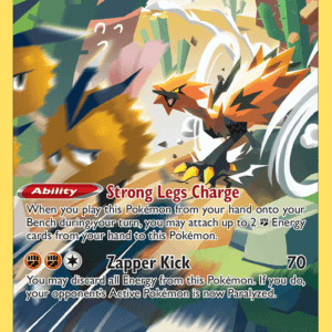 Galarian Zapdos Pokémon card: Basic, 110 HP, with Strong Legs Charge ability and Zapper Kick 70 attack. Includes energy, weakness, retreat and flavor text on a colorful card art.