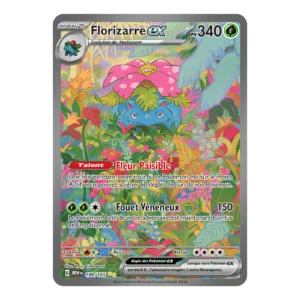 Florizarre EX Pokémon card in a colorful jungle, with Fouet Vénéneux 150 attack text in French and vibrant foliage background.