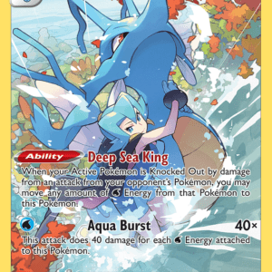 Kingdra Pokémon card: Stage 2 evolve from Seadra, blue dragon with HP 150 and water-type symbol, showing Deep Sea King and Aqua Burst attack.