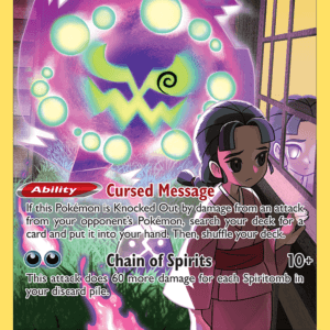 Spiritomb looming with neon glow on a Pokémon card, text reads 'Cursed Message' and 'Chain of Spirits' beside a worried girl near a window.