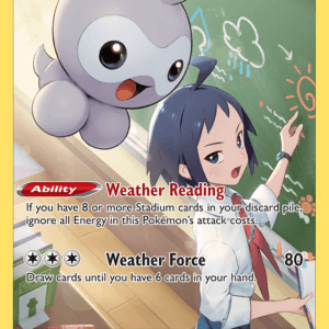 Trading card: Castform with a student drawing on a chalkboard; shows HP 70 and moves Weather Reading and Weather Force.
