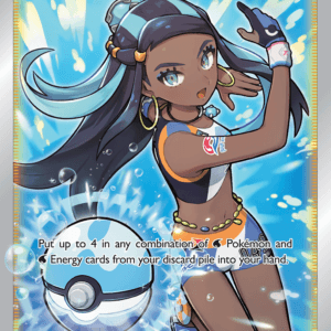 Pokémon TCG card featuring Nessa, a female Trainer, in a blue swimsuit with a Poké Ball; water background and action lines; card text about drawing up to 4 Pokémon and Energy cards from your discard pile and a limit of one Supporter per turn.