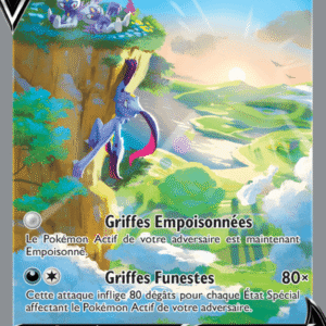 Carte Pokémon Farfarex de Hisui V — 190 PV, attaques Griffes Empoisonnées et Griffes Funestes; dragon bleu sur une falaise au coucher du soleil.