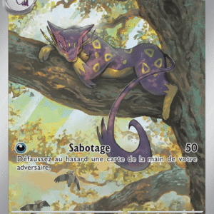 Pokémon card Léopardus with 110 HP, evolution from Chakripan; purple leopard perched on a tree branch, Sabotage attack 50.