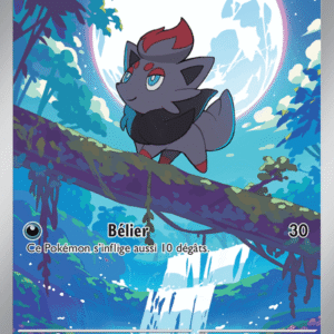 Zorua Pokémon card: base, 70 HP, dark fox-like Pokémon perched on a log in a moonlit forest.