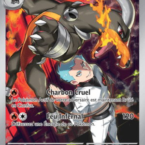French Pokémon card showing Charbon Cruel attacking a blue-haired trainer amid flames and smoke, with Battle energy icons nearby.