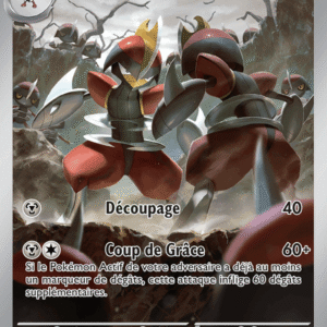 Pokémon card for Scalproie, evolution of Scalpion, HP 120, Level 1, with attacks Découpage and Coup de Grâce, set in a battle scene.