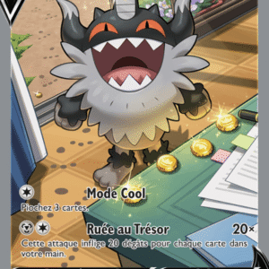 Pokémon card: Berserkatt de Galar, HP 200, a cheerful cat-like Pokémon on a desk with coins; shows attacks Mode Cool and Ruée au Trésor.