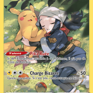 Trading card showing Pikachu and a girl resting in a forest; abilities 'Pika Ruée' and attack 'Charge Bizarre' (50).
