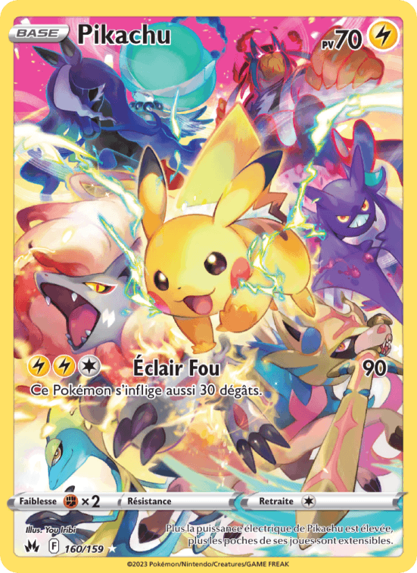 Pokémon card with Pikachu front and center, surrounded by electric sparks and other Pokémon; attack Éclair Fou and HP 70.