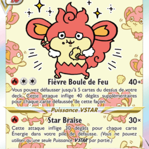 Flamoutan VSTAR Pokémon card, red monkey-like creature with 260 HP, holding a snack, showing moves Fièvre Boule de Feu and Star Braise on a pastel background with sparkles.