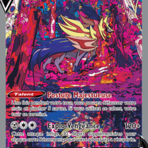 Pokemon card Zamazenta V in a vivid forest scene; name, HP 220, attack Explo-Vengeance 120+, talent Posture Majestueuse, French flavor text included.