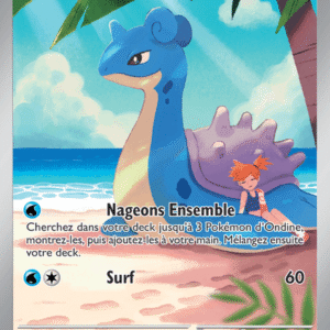Carte Pokémon Nageons Ensemble: Lapras bleu sur la plage avec une jeune dresseuse, PV 110, attaque Surf 60 en bas à gauche et droite.