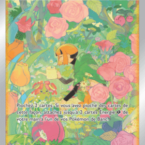 French Pokémon card 'Vitalité de Flo' showing a girl with orange hair watering a garden of roses; card text mentions drawing 2 cards.