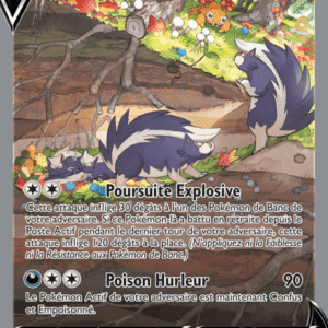 Carte Pokémon Moufflair V, 210 PV, deux Moufflair dans une forêt rocheuse; attaques Poursuite Explosive et Poison Hurleur.
