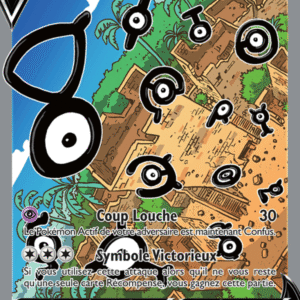 Pokémon V card: Coup Louche, HP 180, with many black eye symbols over a cliffside village; ability 'Symbole Victorieux' (French text).