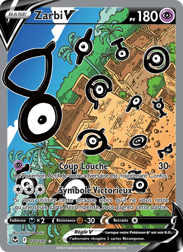 Pokémon V card: Coup Louche, HP 180, with many black eye symbols over a cliffside village; ability 'Symbole Victorieux' (French text).