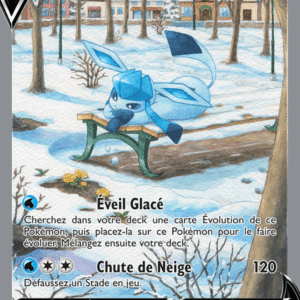 Givrali V Pokémon card in a snowy park scene, blue Ice-type Pokémon perched on a bench; shows Éveil Glacé and Chute de Neige moves, HP 210.