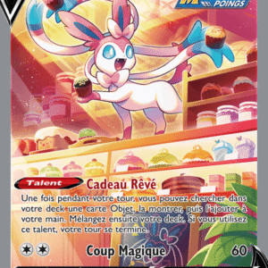 Pokémon V card featuring Nymphali (Sylveon) with 200 HP, colorful dessert shop artwork, attacks 'Coup Magique' 60 and talent 'Cadeau Rêvé'.