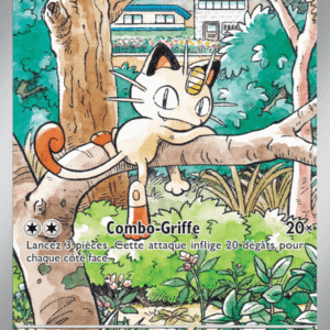 Pokemon card featuring Miaouss perched on a branch in a garden, with Combo-Griffe attack (20x) and 70 HP, French text on card.
