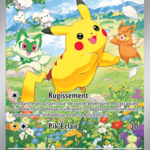 Base Pikachu Pokemon card: Pikachu jumping in a sunny meadow with small companions; HP 70, attacks Rugissement and Pik Éclair.