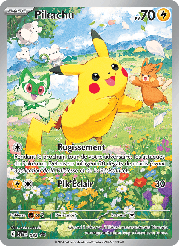 Base Pikachu Pokemon card: Pikachu jumping in a sunny meadow with small companions; HP 70, attacks Rugissement and Pik Éclair.
