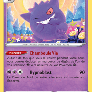 Pokemon trading card: Ectoplasm, level 2, HP 110. Purple blob Pokémon shown in a colorful landscape with flowers; moves include Cham boul Vie and Hypnoblast (90) with a note that the opponent's Active Pokémon is now Asleep.