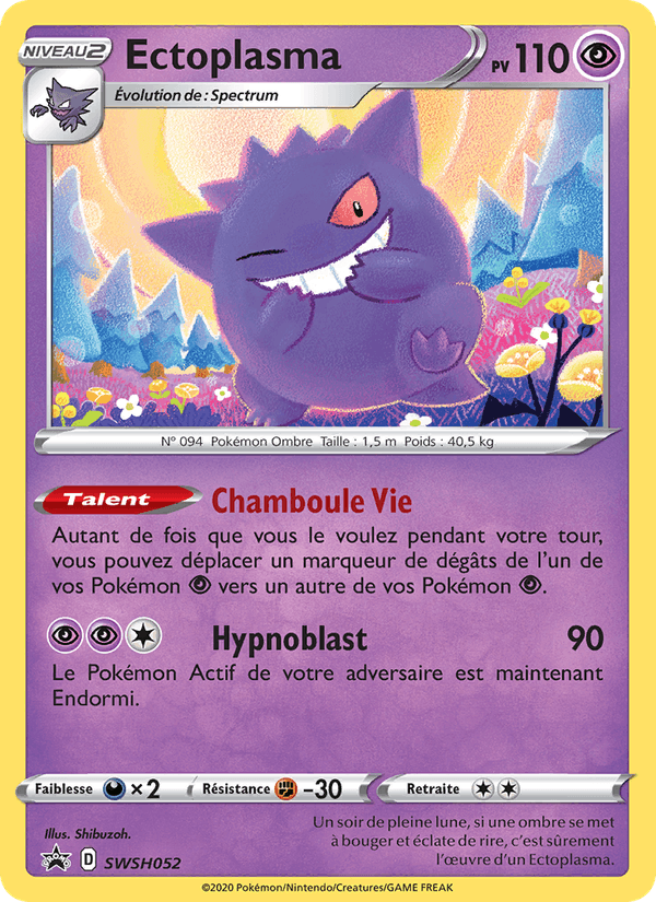Pokemon trading card: Ectoplasm, level 2, HP 110. Purple blob Pokémon shown in a colorful landscape with flowers; moves include Cham boul Vie and Hypnoblast (90) with a note that the opponent's Active Pokémon is now Asleep.