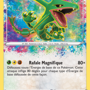 Rayquaza Pokémon card with a green dragon on a holographic rainbow background, featuring the attack 'Rafale Magnifique' (80x).
