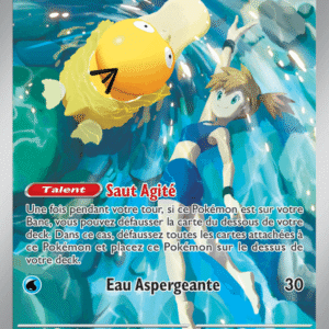 Psykokwak d'Ondine Pokémon card showing Psyduck beside a female trainer in blue, set against a swirling blue water background.
