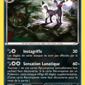 French Pokémon card Noctali (Umbreon) with 100 HP in a dark forest scene; attacks Instagriffe (30) and Sensation Lunatique (60+); flavor text hints at mysterious powers.