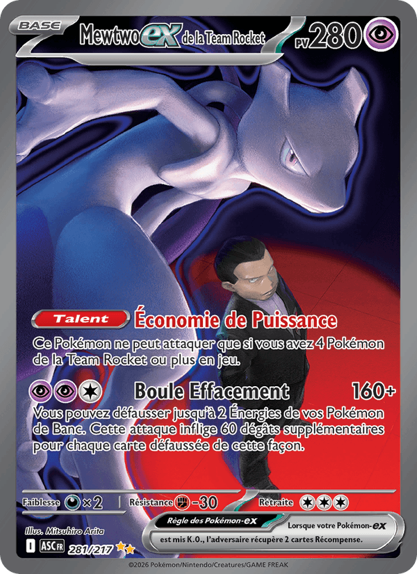 Pokémon card featuring Mewtwo EX from Team Rocket with 280 HP, showing Talent Économie de Puissance and Boule Effacement attack text in French.