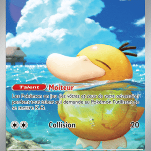 Psykokwak Pokémon card—Psyduck swimming in the sea with a blue sky; 70 HP, attack Collision 20, two energy, French flavor text.