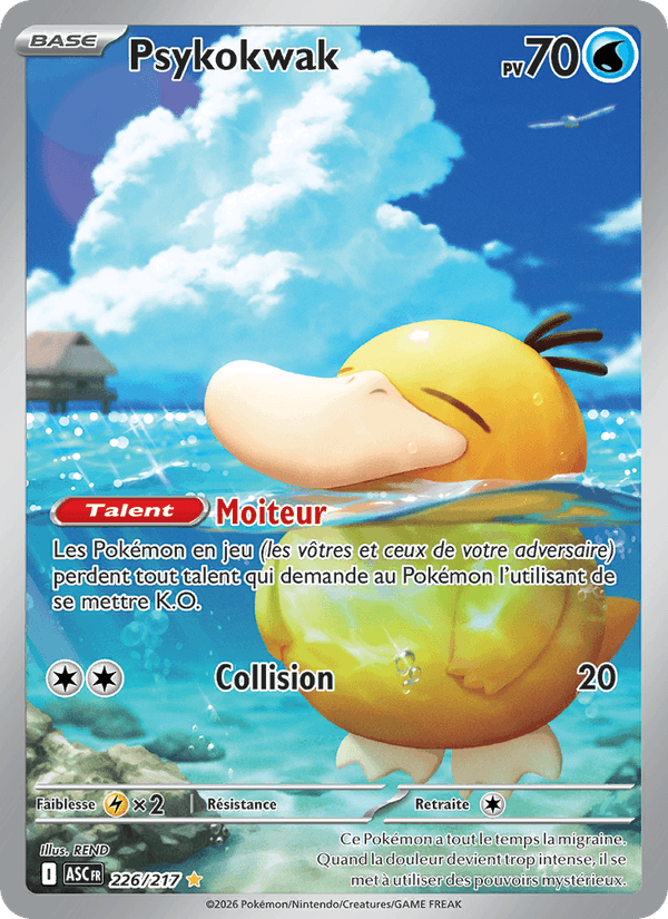 Psykokwak Pokémon card—Psyduck swimming in the sea with a blue sky; 70 HP, attack Collision 20, two energy, French flavor text.