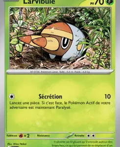 French Pokémon card: Larvibule nestled in bushes with Sécrétion attack for 10 damage
