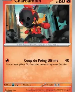 Charbambin, fire-type Pokémon card with 80 HP; illustration shows a small flaming character charging through smoke in an urban setting; attack Coup de Poing Ultime for 40 damage (coin flip: if tails, attack does nothing).
