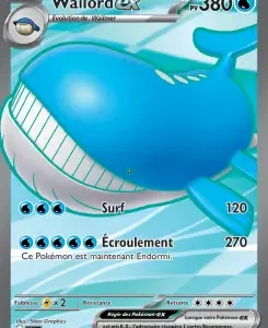 Wailord GX Pokémon card: a large blue whale illustration with 380 HP, moves Surf (120) and Écoulement (270), and a note that this Pokémon is now asleep.