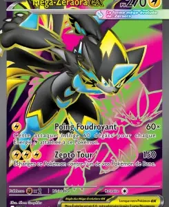 Trading card image of Mega Zeraora EX, a black and yellow electric Pokémon, with 270 HP, attacking with Poing Fouroyant and Zepto Tour against a bright pink background.