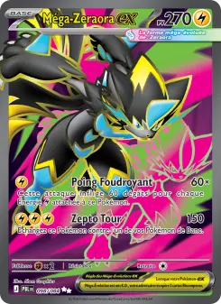 low106webp JM Cards Trading card image of Mega Zeraora EX a black and yellow electric Pokémon with 270 HP attacking with Poing Fouroyant and Zepto Tour against a bright pink background