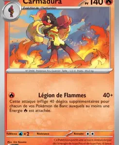 Carmadura Pokémon card front: Fire type, 140 HP, with a fiery battle scene artwork showing flames around the character.