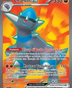 Charkos EX Pokémon card: blue dragon with horns, fiery background, HP 330; moves Coup d’Boule Destructeur and Marteau Tumulteux 150.